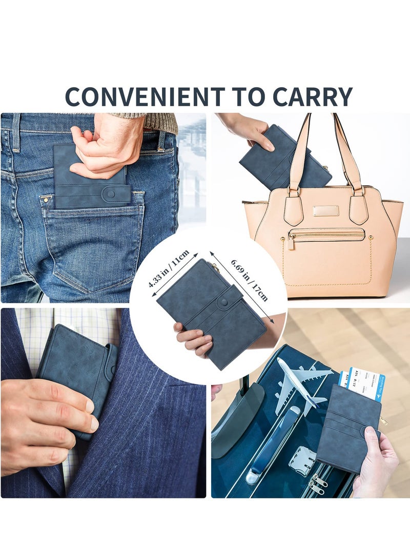 حامل جواز سفر وحامل بطاقات مجموعة، غلاف جواز سفر جلدي مع فتحات بطاقات وجيب بسحاب، حامل كتاب جواز السفر للنساء والرجال (أزرق) - Image 4