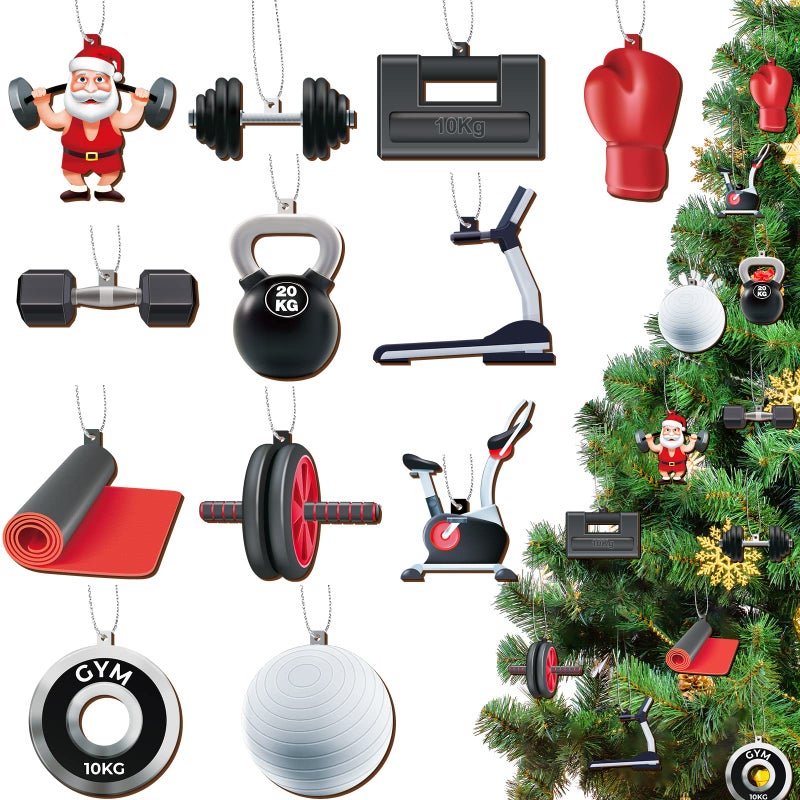 36 Pcs Christmas Sports Ornaments Fitness Wood Hanging Christmas Tree Ornaments Santa Claus Sport Collection Christmas Ornament Holiday Christmas Ornament for Xmas Tree Shelf Table Decoration