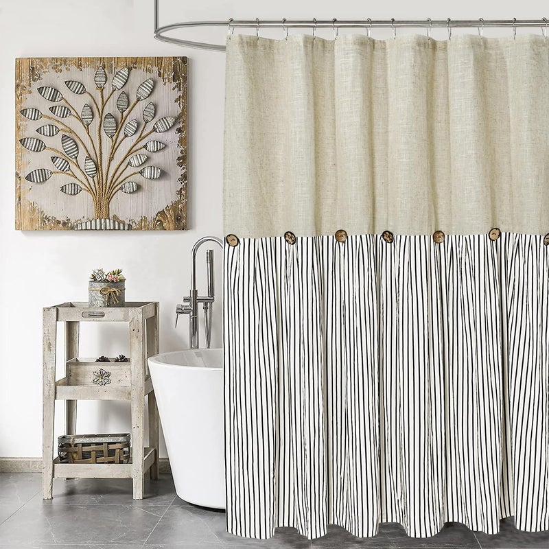 DOSLY IDES Farmhouse Shower CurtainBeige and Black StripeButton CurtainLinen and Cotton Woven FabricRustic Charm Country Chic Style72x84 in