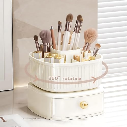 KREPS 360° Rotating Desk Organizer With Drawer, Organizer For Office Supplies Stationery Pens Staplers Clips Sticky Notes Visiting Card, Makeup Brush Holder Makeup Organizer (360 Cream) White - Image 3