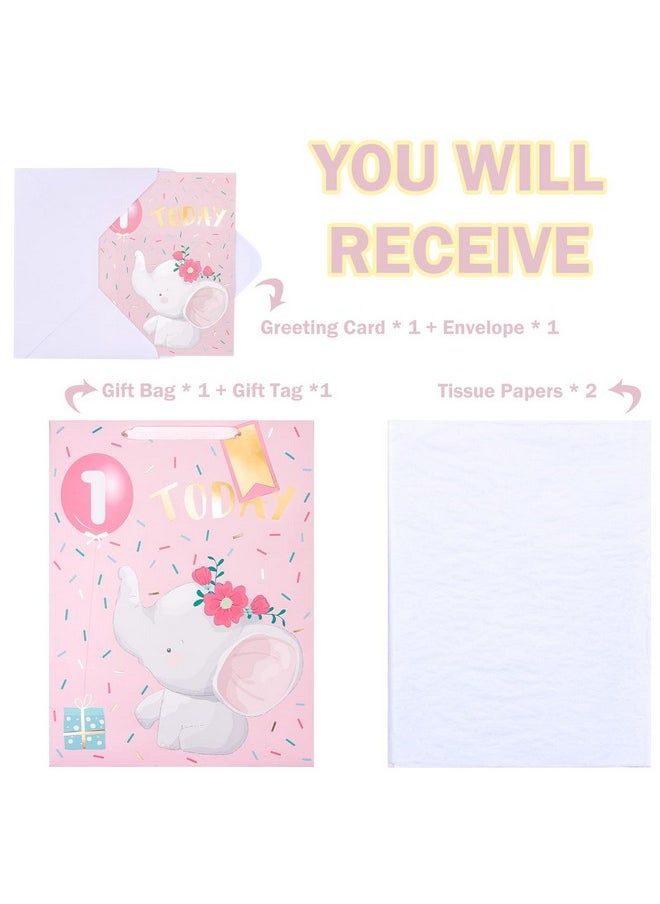 WRAPAHOLIC 16.5" Extra Large 1St Birthday Gift Bag With Card And Tissue Paper Adorable Elephant Design For Baby Girl Baby Shower Party  - Image 3