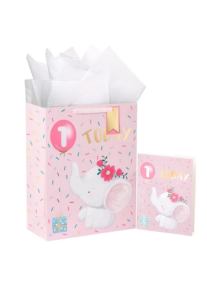 WRAPAHOLIC 16.5" Extra Large 1St Birthday Gift Bag With Card And Tissue Paper Adorable Elephant Design For Baby Girl Baby Shower Party  - Image 1
