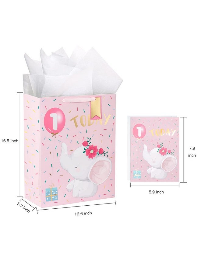 WRAPAHOLIC 16.5" Extra Large 1St Birthday Gift Bag With Card And Tissue Paper Adorable Elephant Design For Baby Girl Baby Shower Party  - Image 2