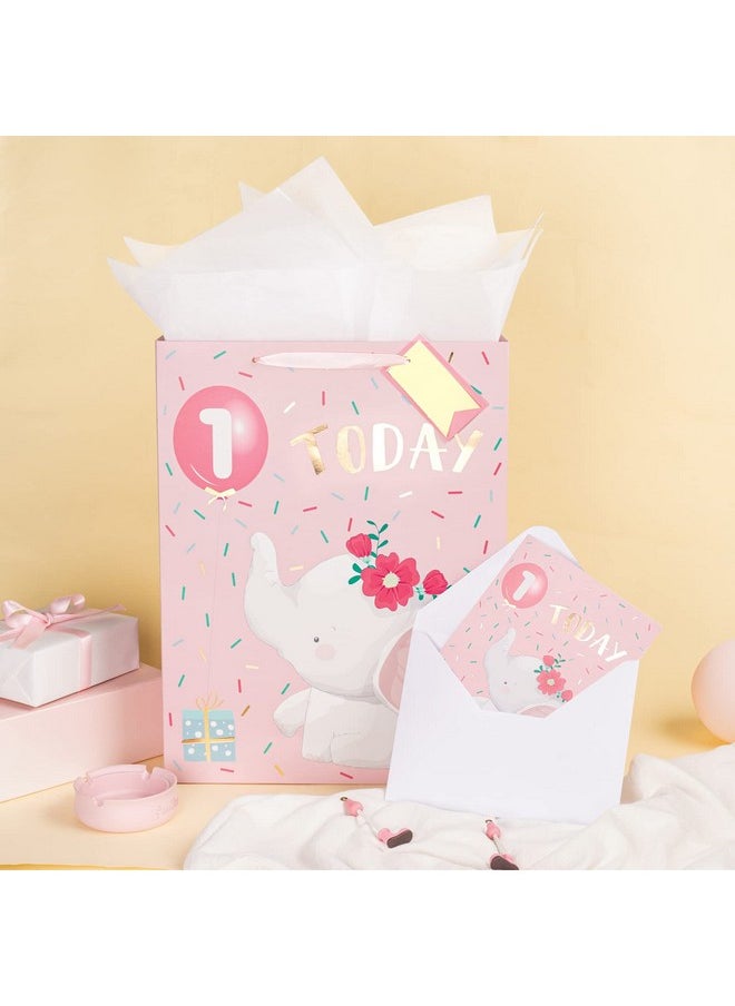 WRAPAHOLIC 16.5" Extra Large 1St Birthday Gift Bag With Card And Tissue Paper Adorable Elephant Design For Baby Girl Baby Shower Party  - Image 4