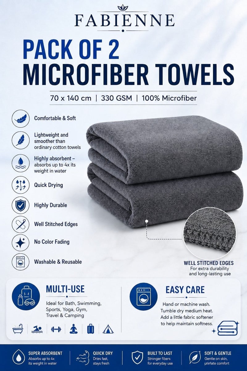 فابينني 2-Piece Microfiber Bath Towel 70 * 140cm ، ناعمة ، متينة ، فائقة الامتصاص وسريعة الجفاف ، رمادي - Image 2