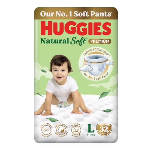 Huggies Natural Soft Premium Baby Diaper Pants, Our No.1 Soft Pants, Large (L) Size (9-14 Kgs), Pack of 32 diapers | Cloud Softness All over with India's 1st Cloud Touch BeltTM - Image 1