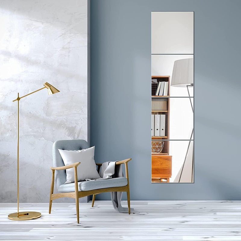 Price Xes Full Length Mirror Tiles, 4 Pcs Shatterproof Wall Mirror Flexible Plastic Wall Stickers for Gym, Living Room Bedroom Decor, 2MM Thick, 12" x 12" - Image 1