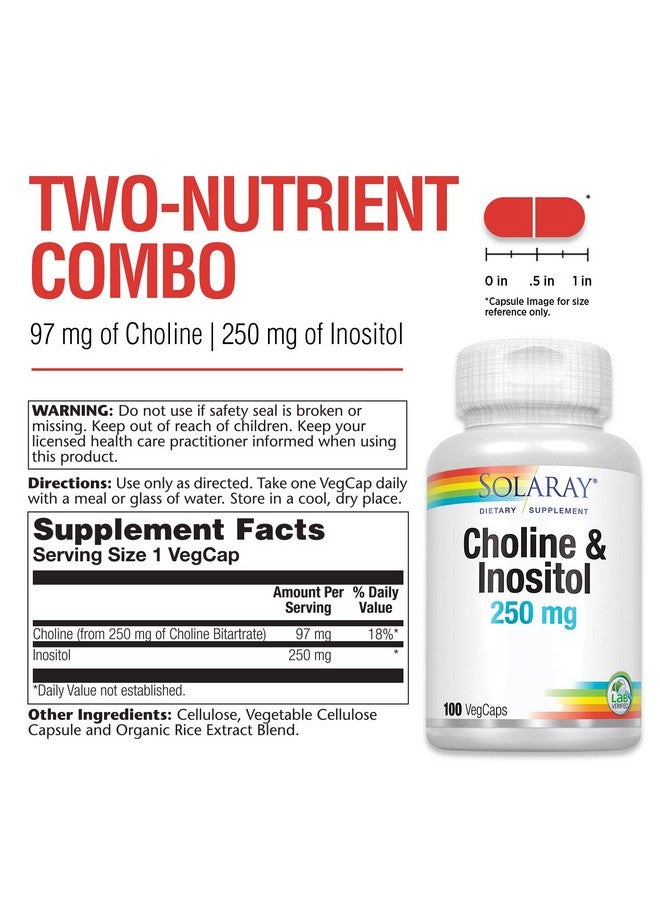 SOLARAY Choline & Inositol 250 mg | Two-Nutrient Combo for Healthy Fat Metabolism, Brain Function Support | 100 VegCaps - Image 3