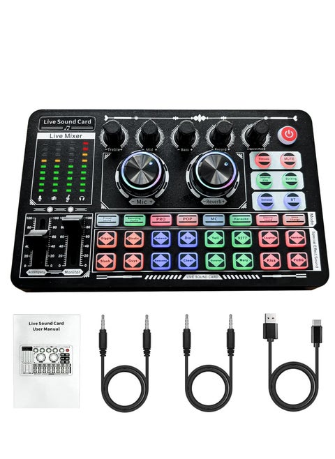 Live Sound Card F999 Audio Mixer with Effects External Sound Card for Podcasts LED Lighting DJ Mixer Vocoder Soundboards