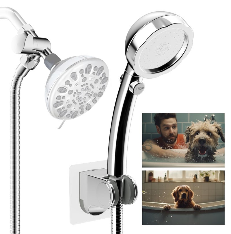 Hibbent Dog Sprayer Attachment Set for Pet Bathing and Dog Washing with 119 Inch Hose Brass Shower Arm Diverter Valve Handheld Shower Head Bathroom Hose Sprayer Head Kit