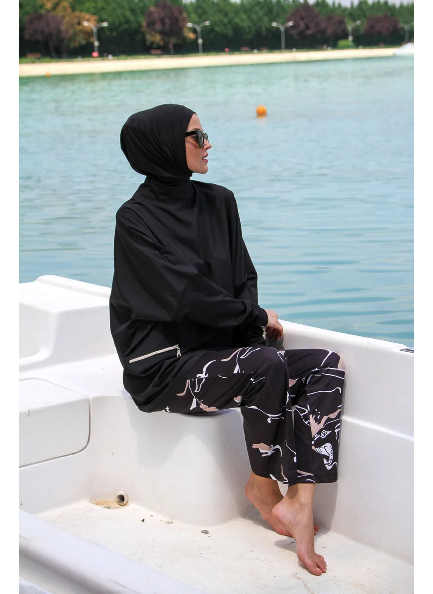 مارينا Black Women's Zipper Detailed Patterned Design Hijab Swimsuit M2274