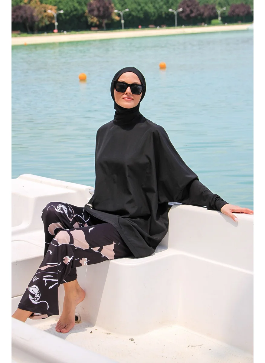 مارينا Black Women's Zipper Detailed Patterned Design Hijab Swimsuit M2274