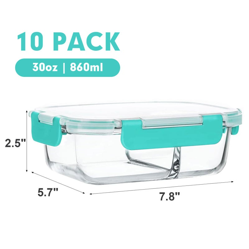M MCIRCO 10-Pack,30 Oz Glass Meal Prep Containers 2 Compartments Airtight Lunch Bento Boxes with Lids, Glass Food Storage Containers, Microwave, Oven, Freezer and Dishwasher, Green - Image 2