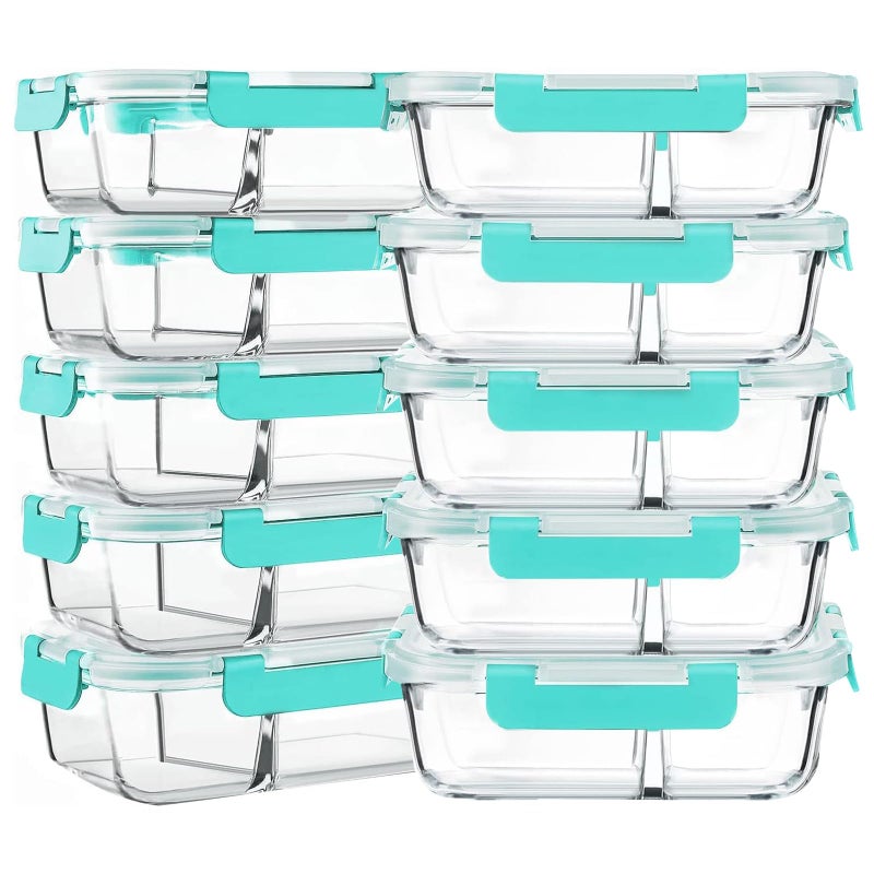 M MCIRCO 10-Pack,30 Oz Glass Meal Prep Containers 2 Compartments Airtight Lunch Bento Boxes with Lids, Glass Food Storage Containers, Microwave, Oven, Freezer and Dishwasher, Green - Image 1