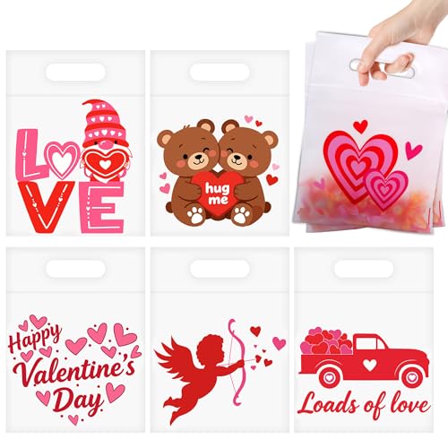 Nelisylux 50Pcs Valentines Gift Bags, Valentine Treat Bag, Valentines Goodie Bags, Valentine Bags for kids, Valentine’s Day Clear Cellophane Candy Goody Bag for Valentine’s Party Favor Supplies School Classroom - Image 1