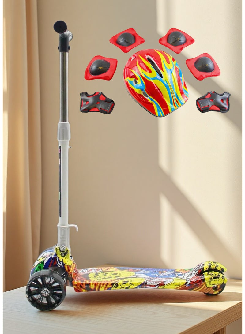 EASY FUTURE 3-8 Years Ideal Foldable Kids Scooter with Height-Adjustable Handle, LED PU Wheels, Rear Brake & Music Including Full Protective Gear Set - Image 1