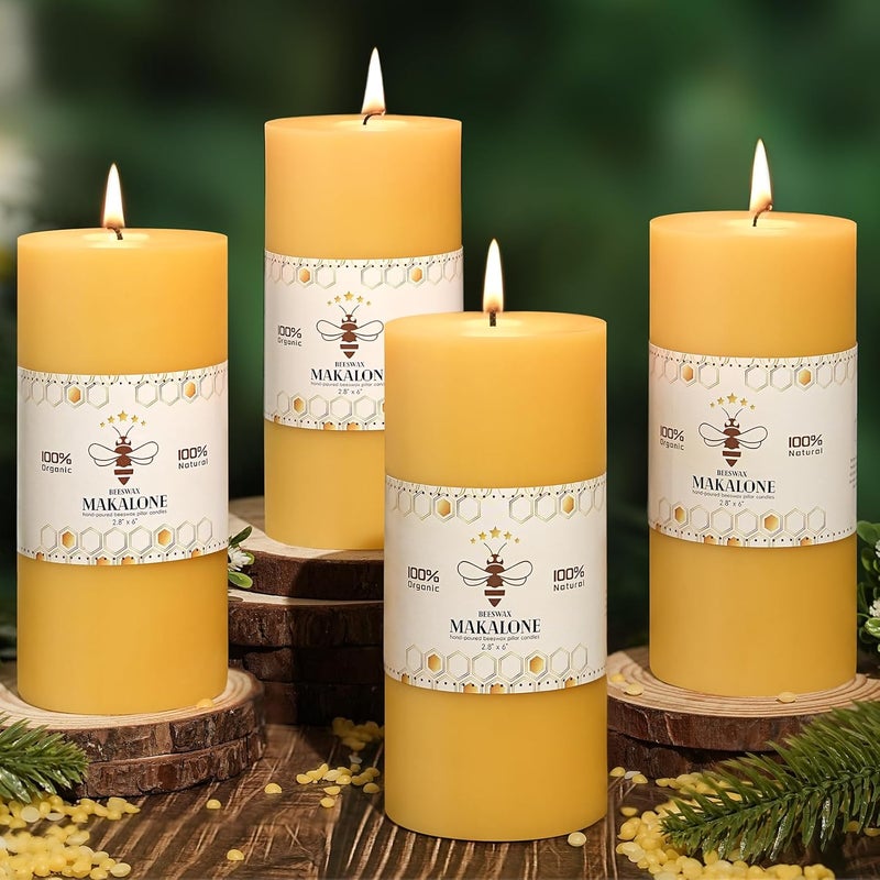 MAKALONE 4 Pack Natural Beeswax Pillar Candles,100% Pure Beeswax Candles-380 Hours Long Burning,2.8x6in Unscented Bees Wax Candle for Home,Prayer,Emergency,Dripless Smokeless Organic Pillar Candle Bluk - Image 1