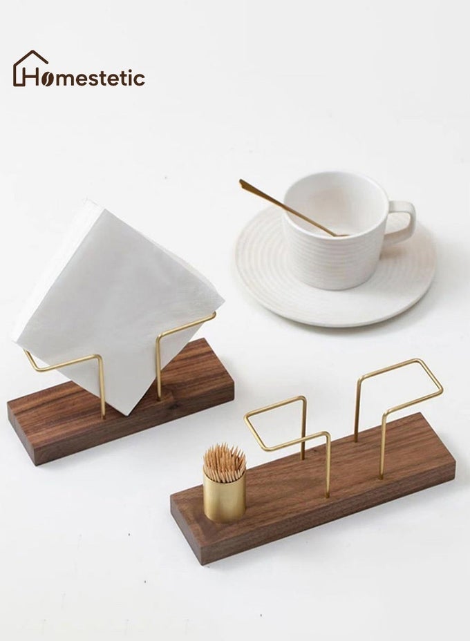 NAPKIN HOLDER STAND, SOLID WALNUT WOOD, METAL TISSUE HOLDER FOR DINING TABLE, KITCHEN, COFFEE TABLE, BAKERY, CAFES