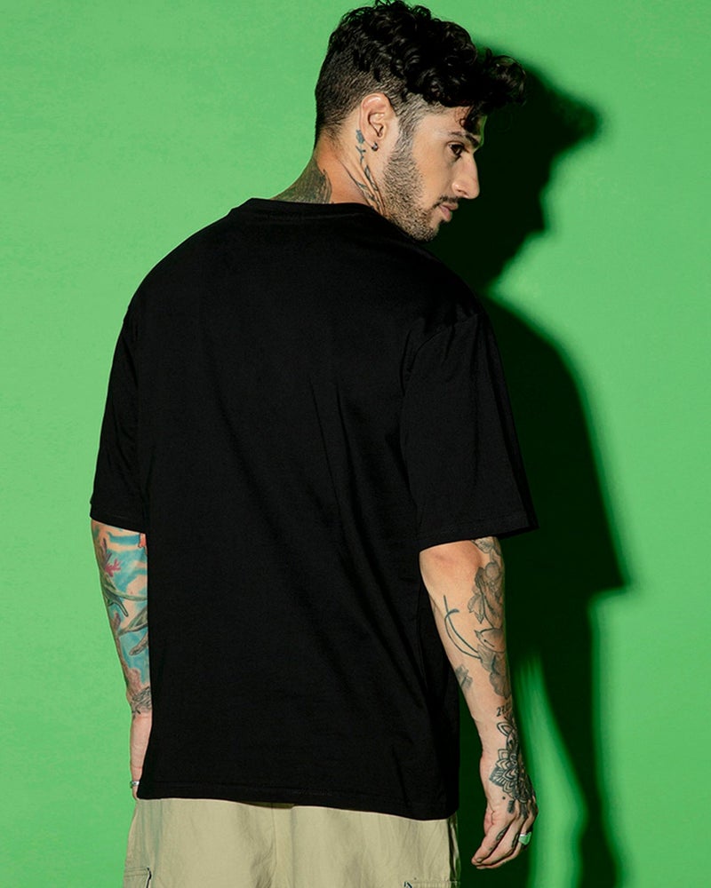 bewakoof Men's Jet Black Who Is Crazy Typography Oversized T-shirt - Image 4