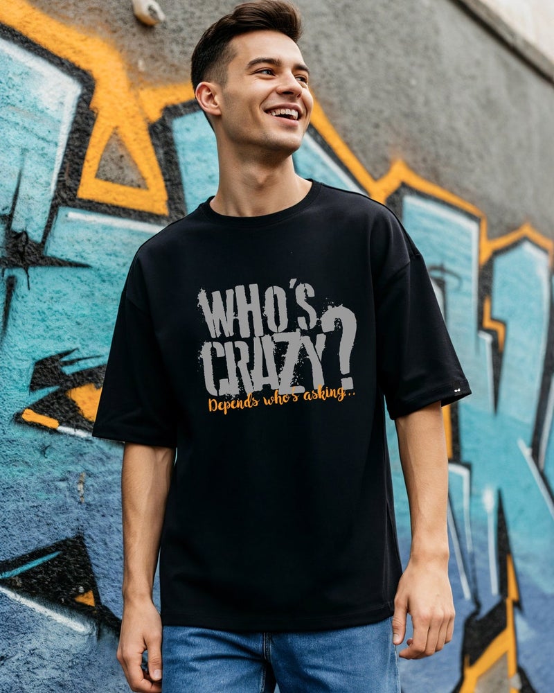 bewakoof Men's Jet Black Who Is Crazy Typography Oversized T-shirt - Image 1