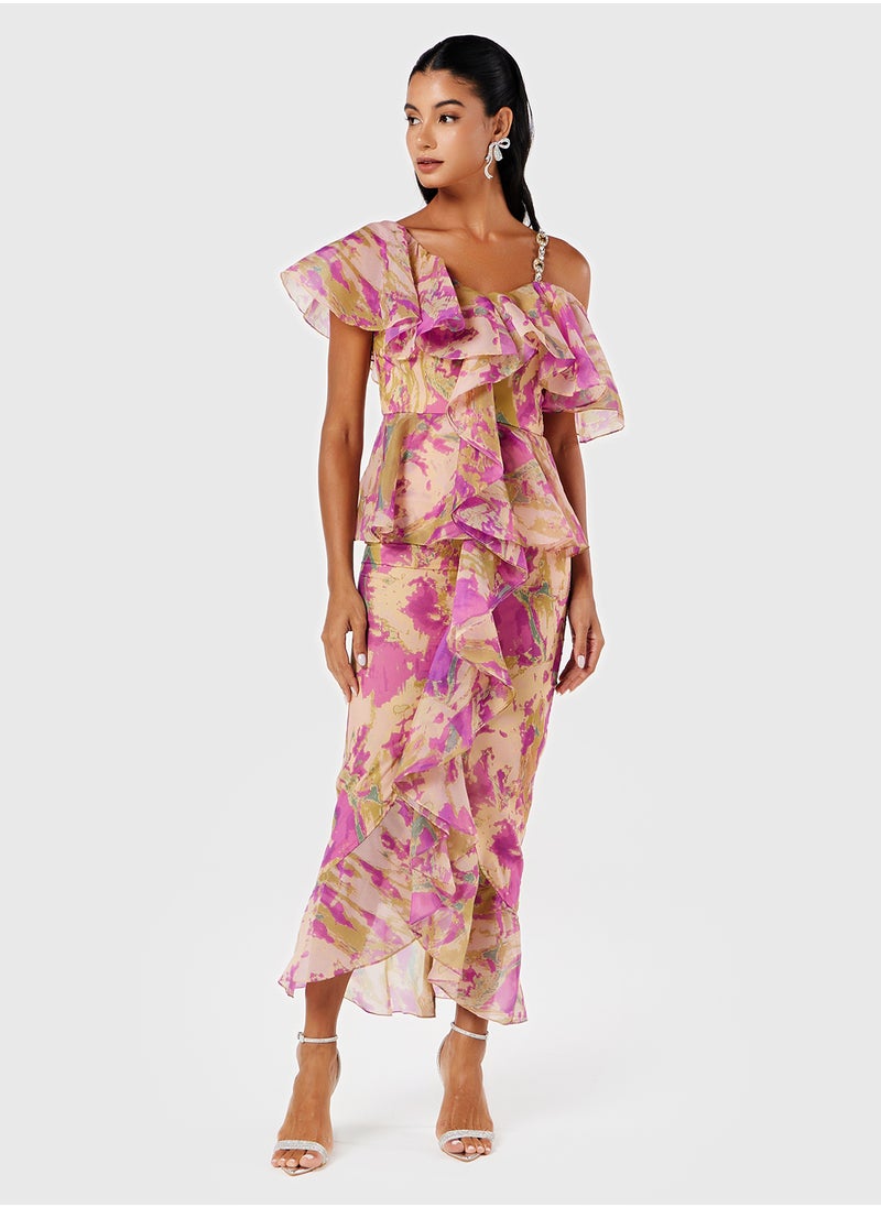 Threadz by Ajooni - Printed Asymmetric Ruffle Dress - Image 1