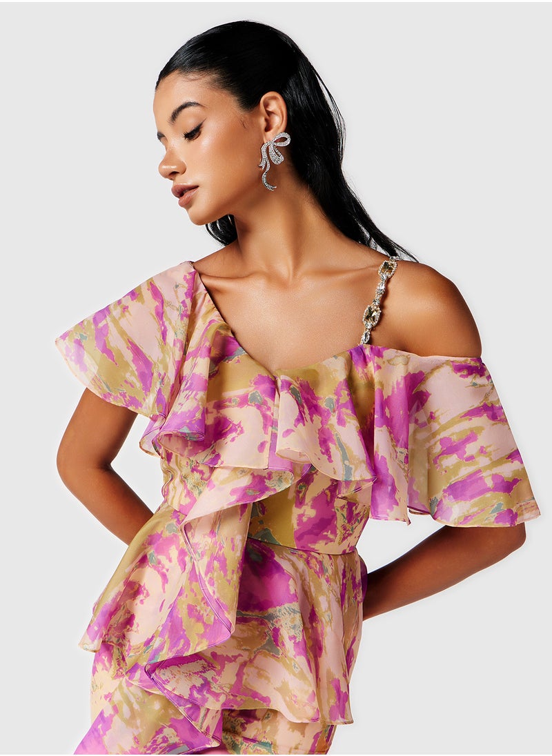 Threadz by Ajooni - Printed Asymmetric Ruffle Dress - Image 1