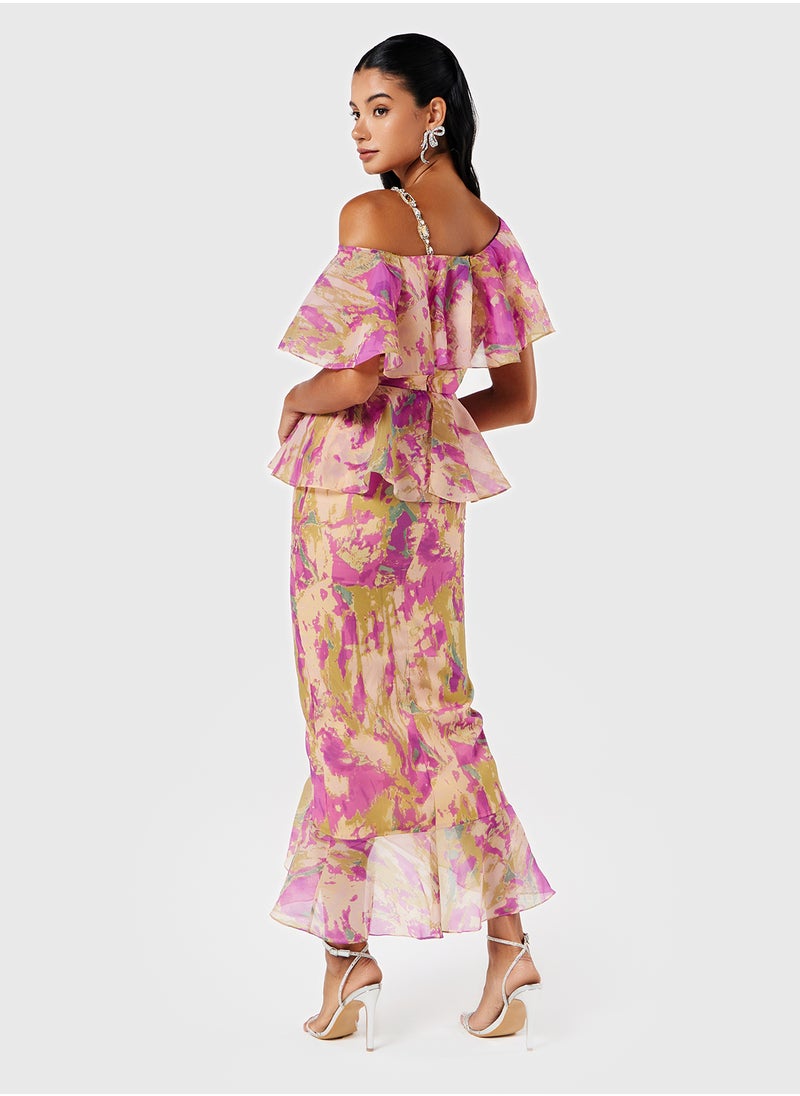 Threadz by Ajooni - Printed Asymmetric Ruffle Dress - Image 1