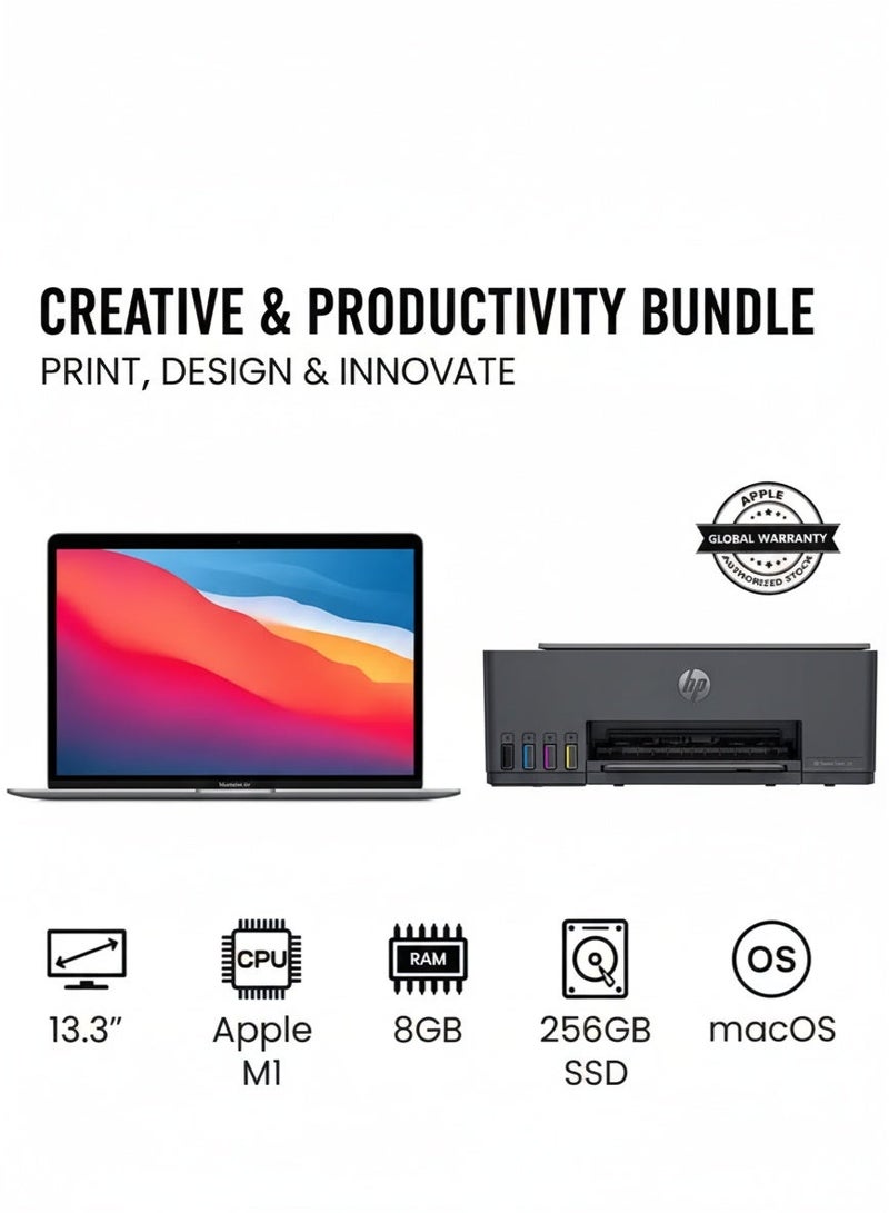 Apple MacBook Air MGN63 With 13-Inch Display, M1 Chip With 8-Core Processor And 7-Core Graphics/8GB RAM DDR4/256GB SSD/English Arabic Keyboard English/Arabic Space Grey & Smart Tank 581 Wireless All In One Printer, Print, Scan, Copy, Print up to 6000 black or 6000 color pages - [4A8D4A] Grey/BlackBundle - Image 1