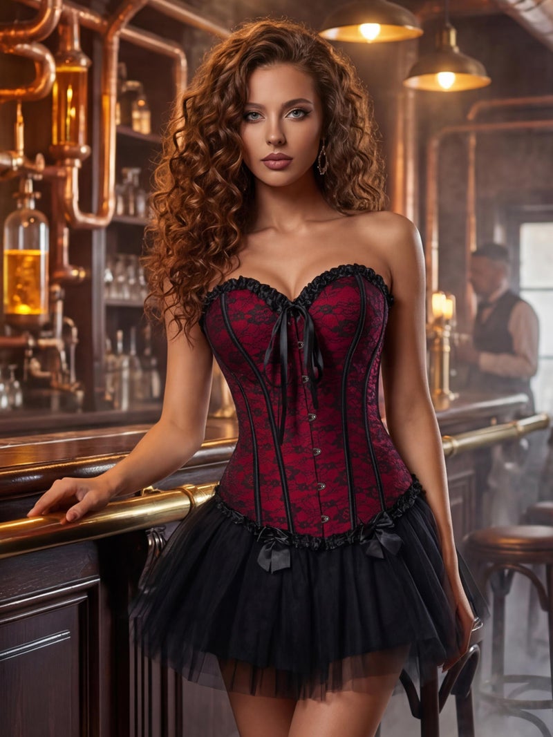 Zhitunemi Corsets for Vampire Costume Women: Floral Bustier Corset Tops for Women - Burlesque Moulin Rouge Costumes Small Red - Image 2