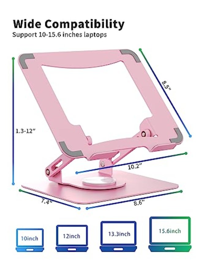 SOUNDANCE Laptop Stand with 360° Rotating Base, Ergonomic Computer Riser for Desk, Adjutable Height Muti-Angle, Foldable Laptop Mount, Stable Metal Holder Support 10-15.6 Notebook PC, Pink - Image 4