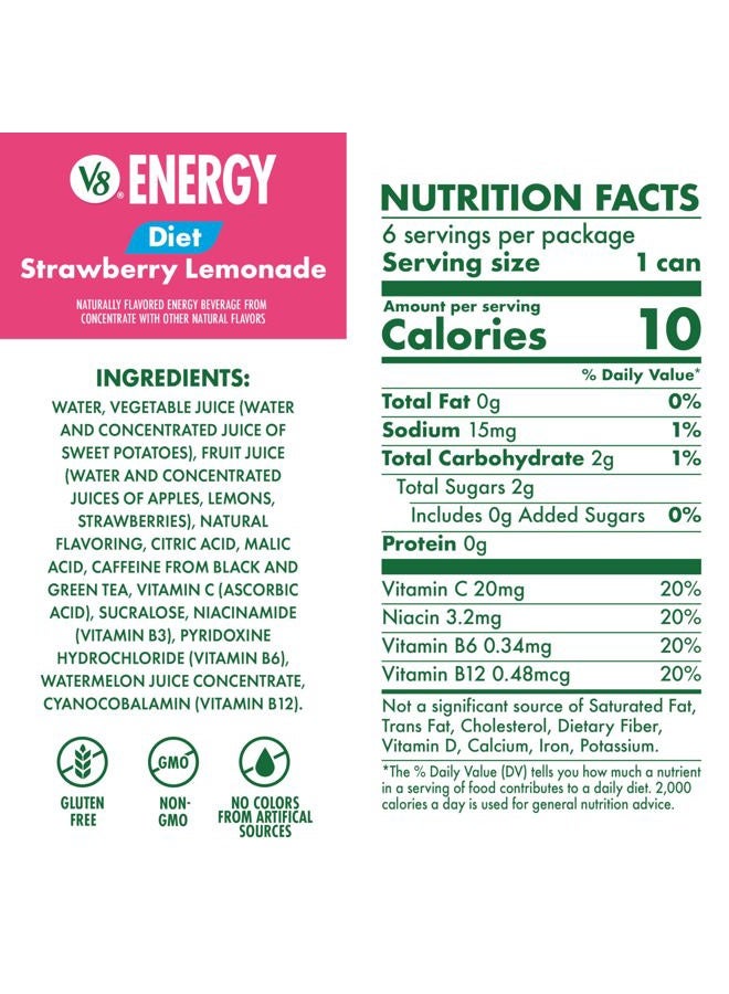 V8 +Energy Diet Strawberry Lemonade Juice Energy Drink, 8 fl oz Can (6 Pack) - Image 2