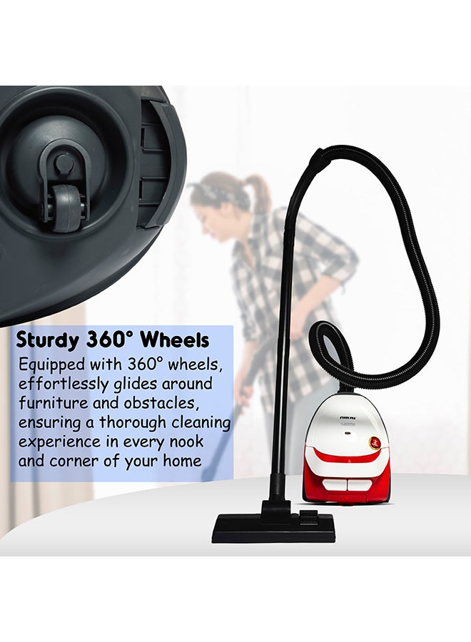 NIKAI Vacuum Cleaner, Compact Design, Automatic Cord Rewinding, Multi-Stage Filtration, Filter Full Indication, Sms Cloth Bag, Easy Carry Handle For Effortless Cleaning 1400 W NVC2302A1 White/Red/Black - Image 3