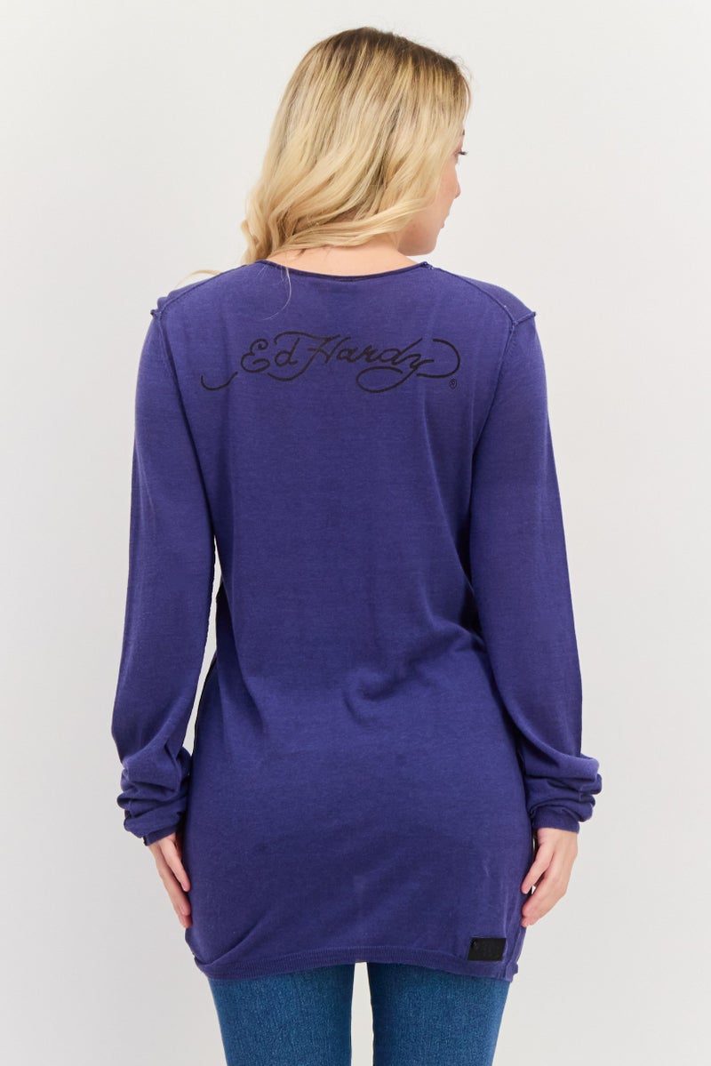 Ed Hardy Women Round Neck Graphic Print Sweatshirt, Blue Combo - Image 3