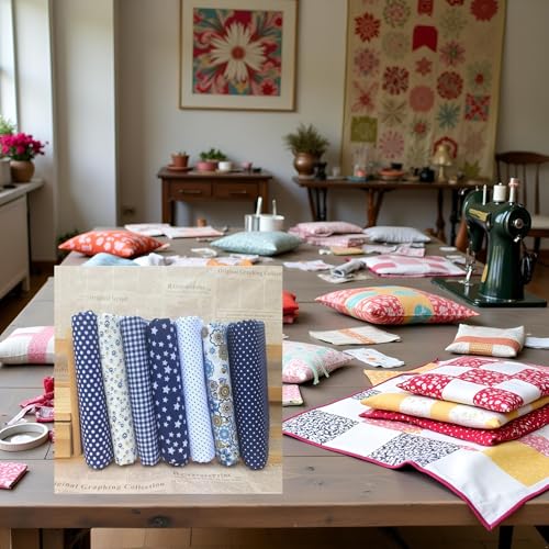 Labriciyon Cotton Fabric Squares for Quilting, 10 x 10 inches, 7 Pieces, Floral Dot Pattern (Dark Blue) - Image 2
