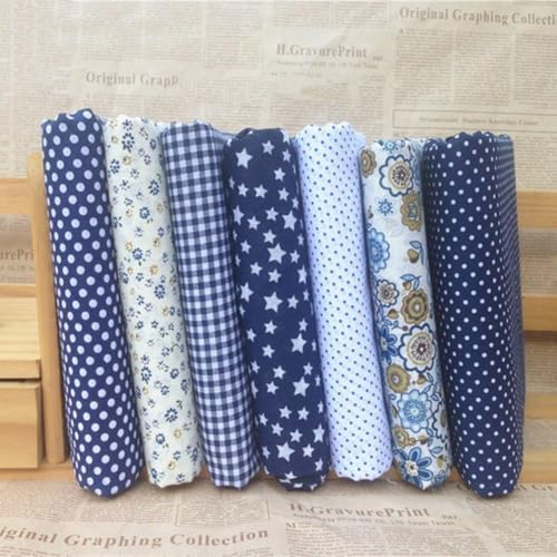 Labriciyon Cotton Fabric Squares for Quilting, 10 x 10 inches, 7 Pieces, Floral Dot Pattern (Dark Blue) - Image 1