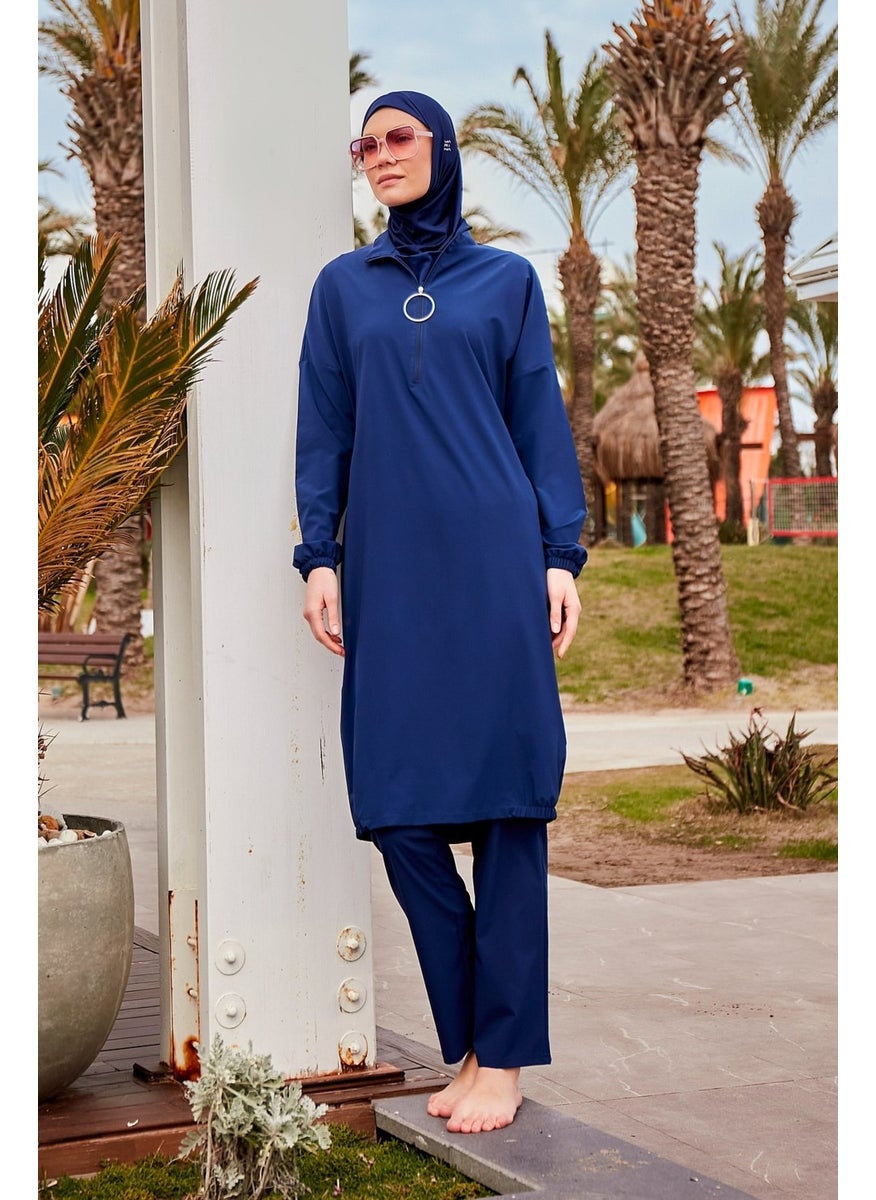 Marina Parachute Fabric Navy Blue Fully Covered Hijab Swimsuit M2403  - Image 3