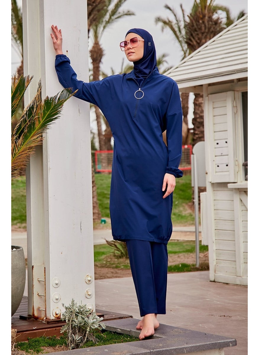Marina Parachute Fabric Navy Blue Fully Covered Hijab Swimsuit M2403  - Image 4