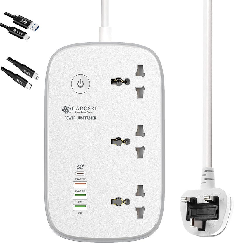 كاروسكي مقبس طاقة ذكي واي فاي مع 3 منافذ تيار متردد و4 منافذ USB وسلك تمديد بطول 6 أقدام وكابلين شحن وشاحن سريع بقدرة 30 واط وواقي من زيادة التيار متوافق مع Google Home وAlexa مع ضمان لمدة عام واحد - Image 1