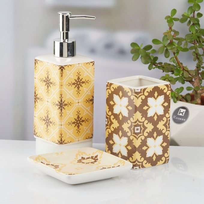 CERAMIC BATHROOM ACCESSORIES SET OF 3 MODERN BATH SET WITH LIQUID HANDWASH SOAP DISPENSER AND TOOTHBRUSH HOLDER LUXURY GIFT ACCESSORY FOR HOME YELLOW 10423