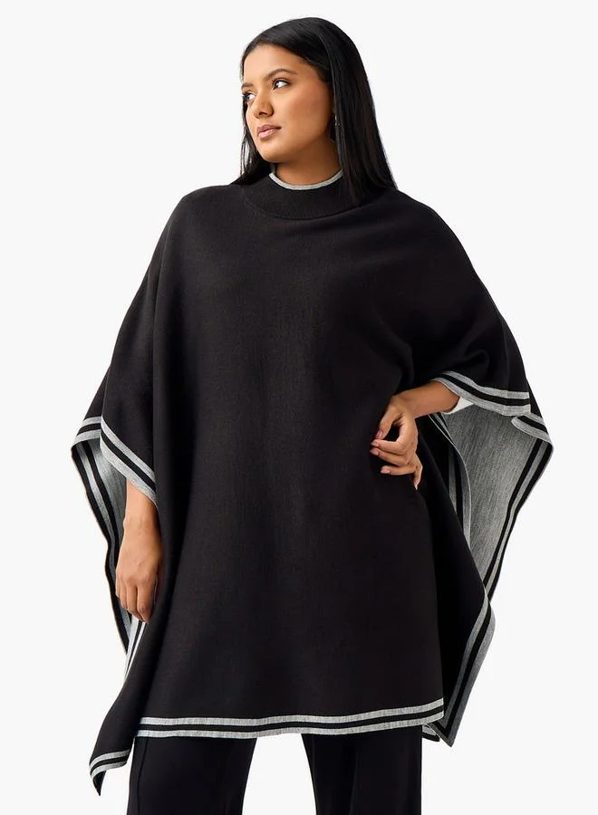  أولا بوبكن Ulla Popken Relaxed Fit Contrast Border High Neck Poncho