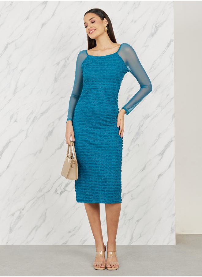Styli - Textured Long Sleeves Bodycon Midi Dress - Image 1