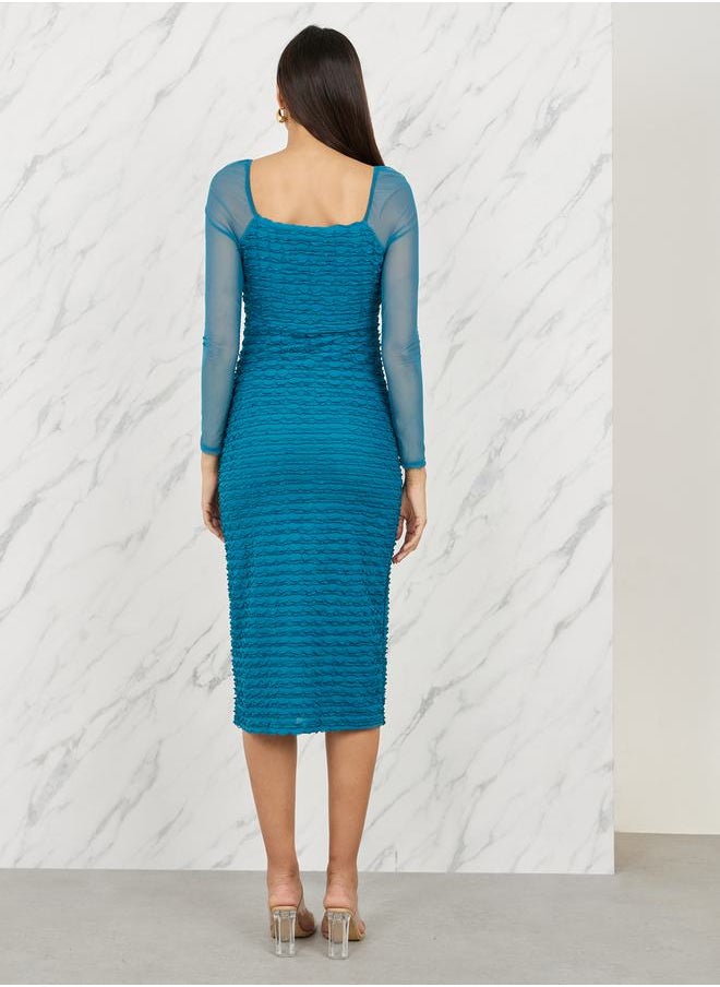 Styli - Textured Long Sleeves Bodycon Midi Dress - Image 1