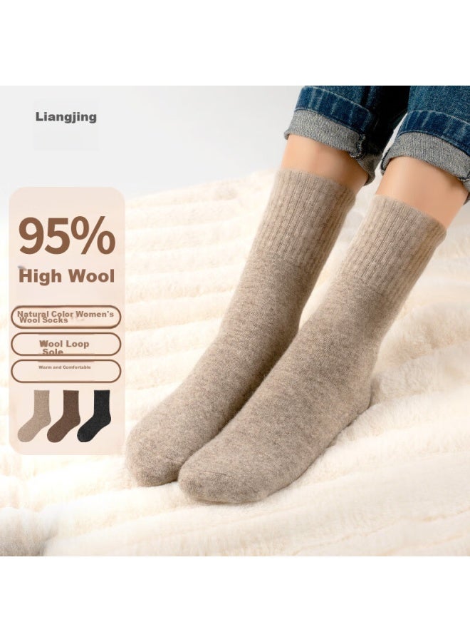 Liangpu Socks, 95% Wool, Healthy Non-dyed, Thickened, Warm, Natural Color Wool Socks, Women's Style, 3 Pairs Pack, One Size Fits All - Image 1