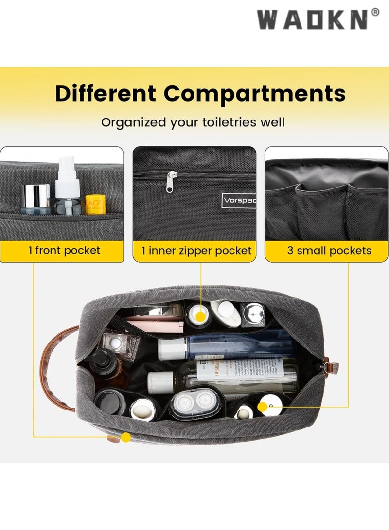 WAOKN Men's Travel Hanging Toiletry Bag, Large Capacity Water-Resistant Canvas Shaving Kit, Multi-functional Dopp Kit Storage Bag（grey） - Image 3