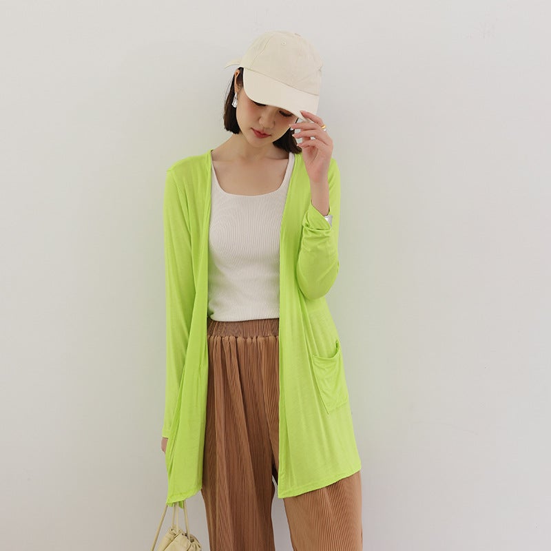 Generic Summer modal sunscreen cardigan womens thin knitted pocket sling outdoor air conditioning shirt summer shawl coat women Fluorescent Green