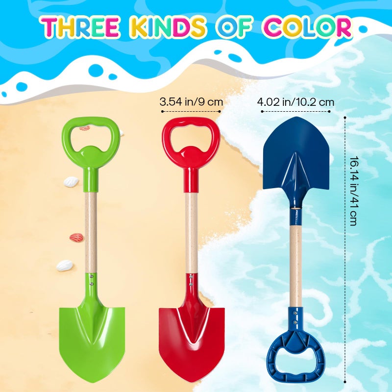 Dsmile 3 Pcs Beach Shovel Toy for Kids Digging 16" Long Metal Sand Shovel Sandbox,Sturdy Wooden Handle Metal Spade for Boy Girl, Travel Beach Toy Summer Fun Birthday - Image 2