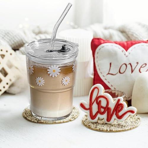 Olvini 13oz Glass Tumbler with Straw and Lid, Reusable Iced Coffee Cup Tumbler, Cute Glass Cups for Water, Matcha, Travel Coffee Mugs (Daisy) - Image 2