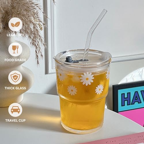 Olvini 13oz Glass Tumbler with Straw and Lid, Reusable Iced Coffee Cup Tumbler, Cute Glass Cups for Water, Matcha, Travel Coffee Mugs (Daisy) - Image 5