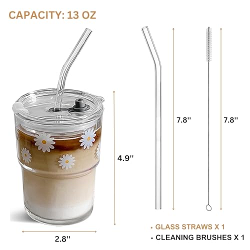 Olvini 13oz Glass Tumbler with Straw and Lid, Reusable Iced Coffee Cup Tumbler, Cute Glass Cups for Water, Matcha, Travel Coffee Mugs (Daisy) - Image 4