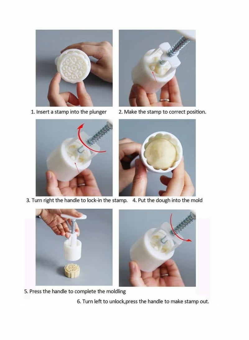 طقم قوالب كعكة القمر على شكل زهرة 6 قطعة مع مكبس يدوي أبيض - Image 4